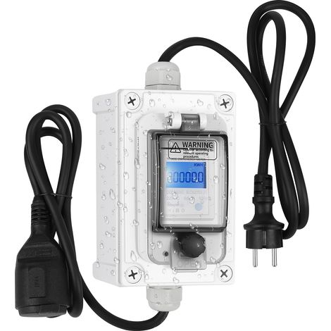 Compteur électrique numérique mobile pour prise de courant 230 V, 60 A - Appareil de mesure d'extérieur avec étanchéité IP67 - Stockage en cas de panne de courant et réinitialisation à un bouton (1/5)