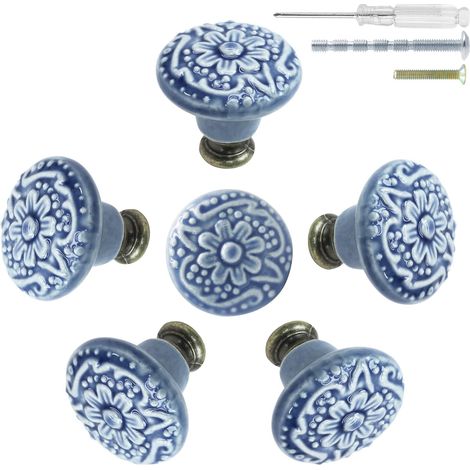 6 boutons et poignées de tiroir décoratifs ronds vintage bleu clair, adaptés aux armoires, tiroirs et buffets. (1/4)