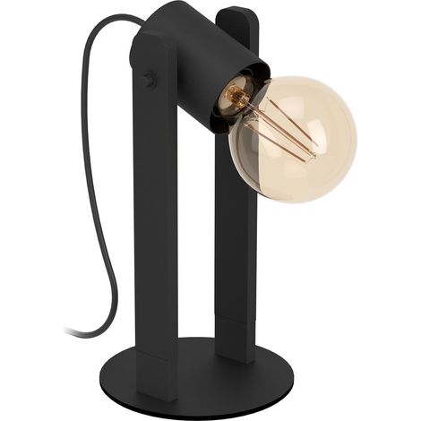 EGLO Tischlampe Plimsoll, Nachttischlampe mit schwenkbarem Spot, Tischleuchte aus Holz und Metall Schwarz, Deko Lampe Wohnzimmer, FSC100PA, E27 Fassung