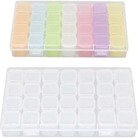 Boîte de Rangement pour Art des Ongles, 2 Pièces Transparentes Colorées, 28 Cases Multifonction pour Strass