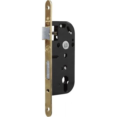 Serrure à larder à cylindre noir axe 40 mm A encastrer réversible bouts ronds doré NF (1/2)