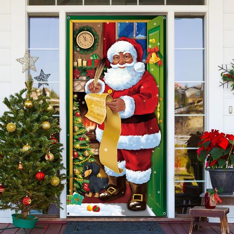 Couverture de Porte Père Noël - Bannière Suspendue pour Décoration de Vacances Hiver - Toile de Fond pour Porte d'Entrée Maison (Noir) (1/5)