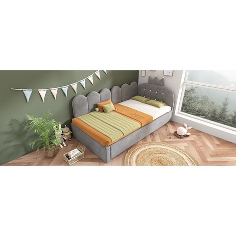Cama Sofá Gris 90x200cm con Cajón 90x190cm, Diseño L Forma, Rejilla y Corona (1/5)