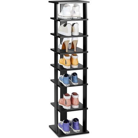 GOPLUS étagère à Chaussures à 7 Niveaux en Bois, 27,5x26,5x110 CM, Range-Chaussures Vertical et Compact en Hauteur Différente, Organisateur de Rangement pour Couloir Salon Entrée(Noir) (1/5)