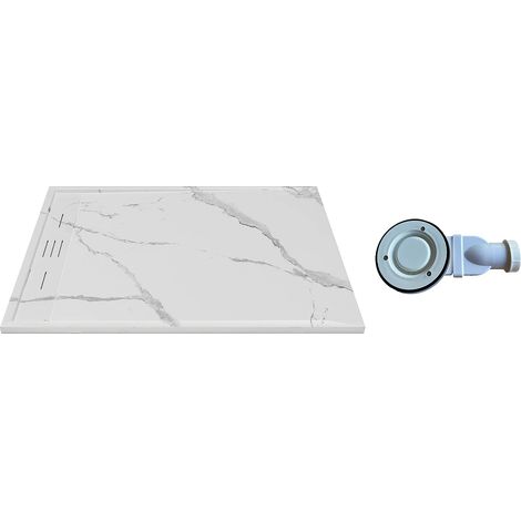 Receveur de douche extra plat à poser ou à encastrer recoupable en résine SMC avec siphon - Blanc marbré - 140 x 90 cm - LYROSA (1/5)