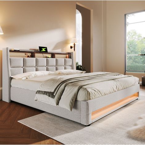 Cama doble tapizada con almacenamiento LED USB beige OKMYHOME (1/5)