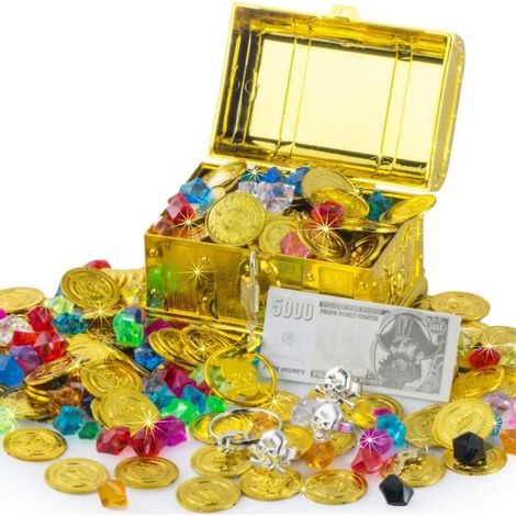 Boîte de Coffre au Trésor de Pirate avec 100pcs d\'or de Pirate, 100g Diamant , Jouets Enfants Halloween Jeu Décoration de Fête (1/4)