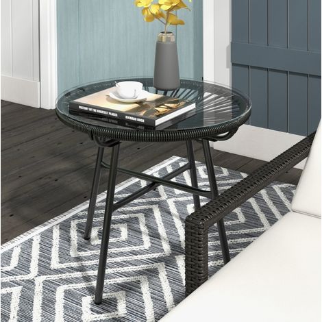 Mesa auxiliar de jardín 50 x 50 x 50 cm en vidrio templado y poliratán negro DESVIAE (1/5)
