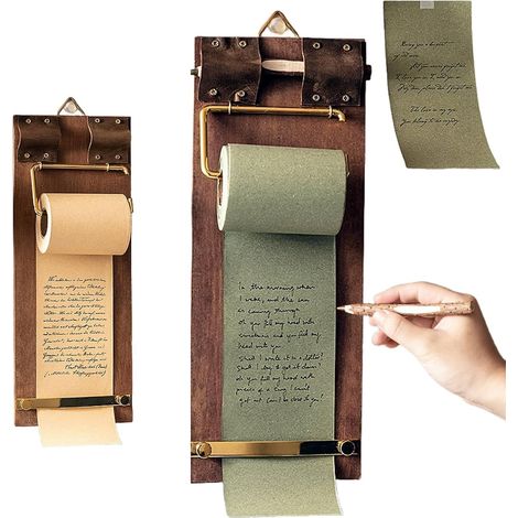 Bloc-notes/tableau mémo suspendu vintage - rouleau de papier kraft rechargeable avec coupe-papier - stylo en bois inclus pour bureau ou cuisine rétro (1/4)