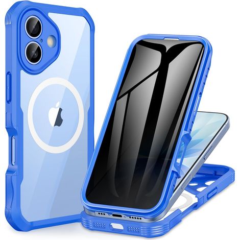 Magnétique Anti Espion Coque iPhone 17 [Compatible avec MagSafe] intégré 9H Verre Trempé Protection écran et Protection Caméra, 360° Antichoc Téléphone Housse Case Intégrale Etui - Bleu (1/5)