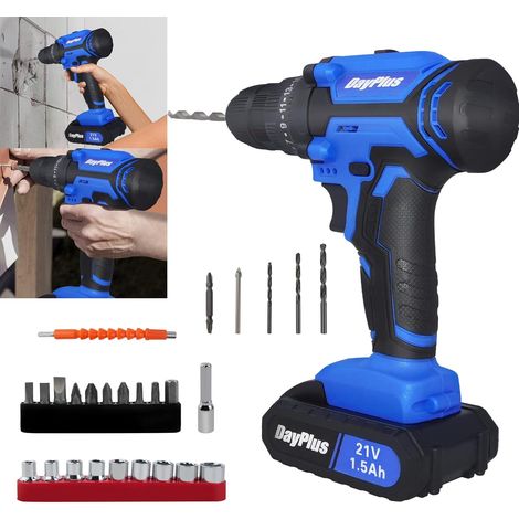 Perceuse électrique sans fil 21 V Li-ion 1,5 Ah, couple élevé 45 N.m avec 2 batteries, chargeur, étui de transport et 26 accessoires (multiprises, forets)