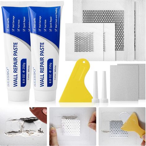 Wall Repair Cream, Wall Paste Filler, 4 Wall Sticker Patches, Repairs Scratches, Holes, Cracks, Graffiti on Walls (250 g x 2) (1/5)