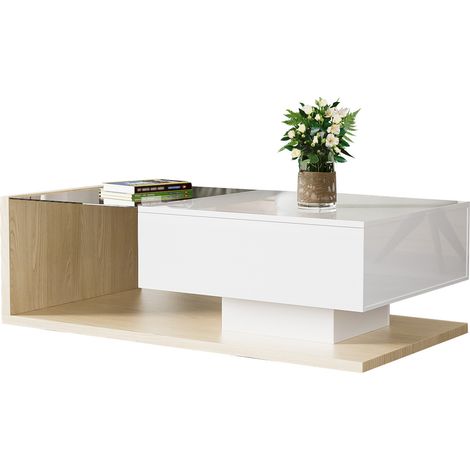 Table basse blanc brillant & bois - Verre & éclairage LED
