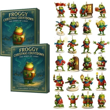 Froggy Compte à rebours de Noël la lumière de la rebelde, 24 jours de surprises festives de grenouille, calendrier de l'Avent de Noël avec décorations en acrylique 2D, cadeaux de vacances uniques pour
