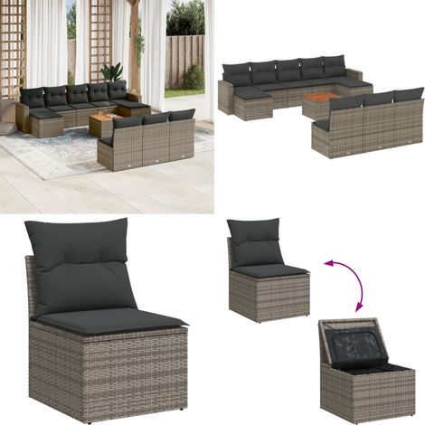 Salon de jardin 11 pcs avec coussins gris résine tressée - Salon De Jardin - Mobilier Extérieur - Set Salon De Jardin - Résine Tressée - Rotin Synthétique - Home & Living