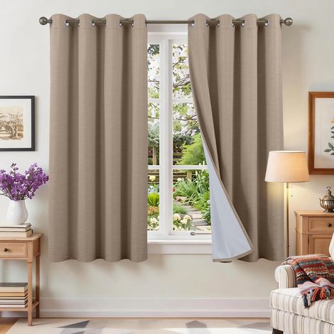100% Linen Thermal Insulated Blackout Curtain, Anti-Heat, Set of 2, 140 x 175 Window Curtains with Eyelets, Anti-Cold, UV Phonic, Noise, Decoration Bedroom, Living Room, Blackout Curtains (1/5)