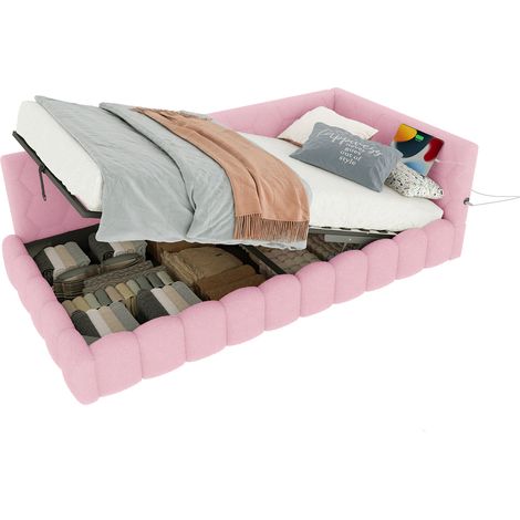 Lit de jour 90200 cm, canapé-lit, lit avec sommier à lattes (sans matelas), bande lumineuse LED, mécanisme de levage hydraulique, port USB, Type-C, matière confortable, imitation non-tissé, rose