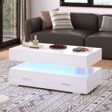 Table basse relevable hydraulique 100x50 cm avec LED Bluetooth, 2 tiroirs, rangement caché et compartiment ouvert, blanche moderne (1/5)
