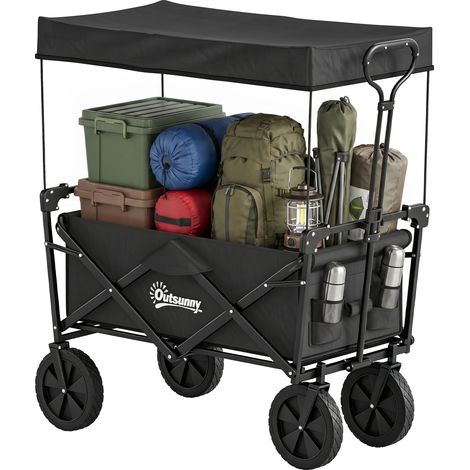 Chariot pliant avec toit, capacité 110 L, structure en acier, 97 x 52 x 105 cm, noir (1/5)