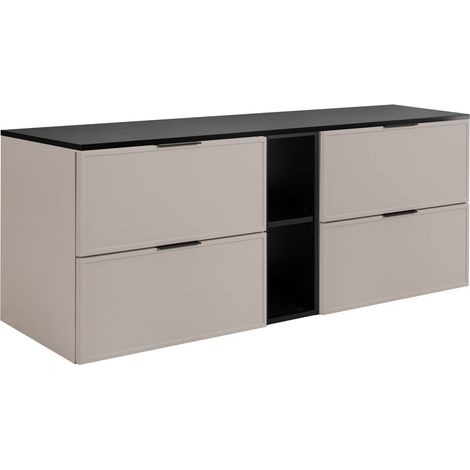Rodan Waschbeckenunterschrank Slim 140,6 cm, Cashmere, 46 x 140 x 58,6 cm, wandhängend, schwarze Platte und Ablage, 3 Grifffarben inklusive