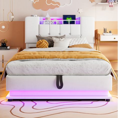 DESVIAE Lit enfant capitonné avec LED port USB rangement hydraulique velours beige 90 x 200 cm sommier à lattes en métal (1/5)
