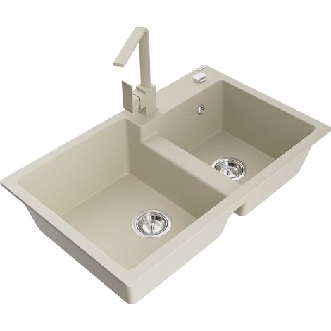 Mexen Tomas évier en granit à 2 cuves avec robinet mélangeur Rita, Beige - 6516-69-670300-69 (1/5)