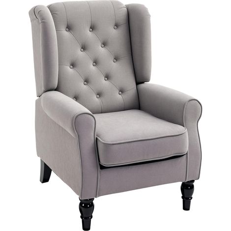 Fauteuil de salon capitonné avec grande assise, pieds en bois, style classique, grand confort, 74 x 86 x 102 cm, gris