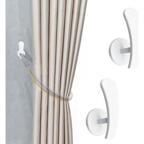 Juego de 2 alzapaños autoadhesivos que no dejan marcas para cortinas, ideales para decoración de interiores, color blanco.