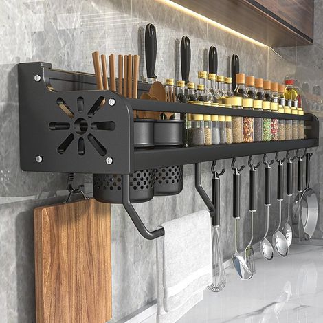 Support ustensiles de cuisine mural, étagère à épices avec crochets, étagère murale suspendue pour spatule et cuillère, organiseur de pots à épices de 50 cm, porte-couteaux et rangement pour outils (1/5)