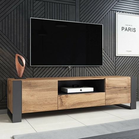 Dronero TV-Ständer, Wohnzimmer-Sideboard mit Flügeltüren, offenem Fach und Schublade, vom Boden abgehoben, 180x44 h48 cm, Eichenknoten und Anthrazit (1/4)