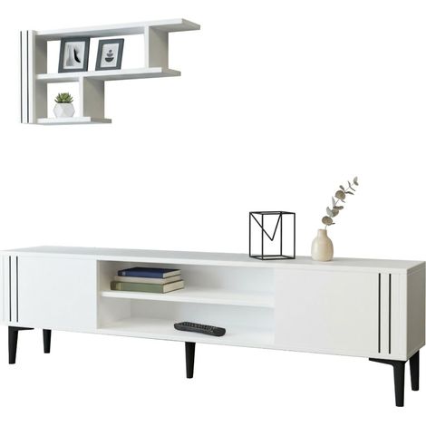 Mobile Porta tv Tusa, 3 Ripiani, 2 Ante, con Mensola Inclusa, 140x30x45h cm Bianco