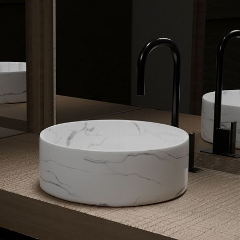 Lavabo sobreponer Redondo de Cerámica Blanca Mate Efecto Mármol - Ø36cm x 13cm - WHITE MARBLE (1/5)
