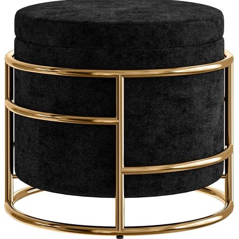 Pouf contenitore rotondo imbottito in velluto nero con struttura in acciaio dorato MODENUIT (1/5)