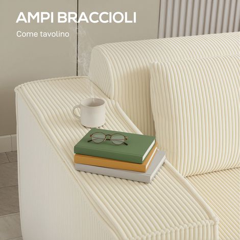 Canapé 3 places modulaire beige velours côtelé, accoudoirs larges et assise profonde, 2 coussins confortables