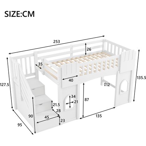 Lit superposé 90x200 cm avec escalier de rangement et fenêtre, blanc (1/5)