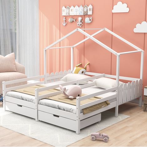 Lit cabane double enfant avec barrières, 2 tiroirs, bois massif blanc, 200x90 cm (1/5)