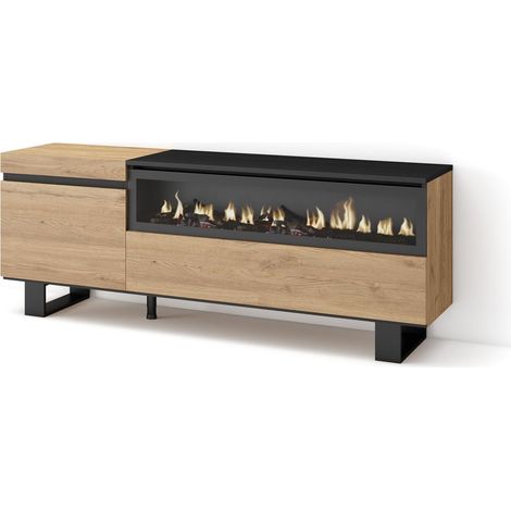 Meuble TV Banc Télé Grand Espace de Rangement 150x57x35cm pour Les TV jusqu'à 65" Cheminée électrique Design Industriel Style Moderne Chêne et Noir (1/5)