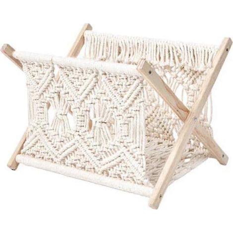 Porte-revues tissé à la main en bois et corde de coton, pliable pour ranger livres et journaux. Dimensions : 33 x 26 x 3 cm. (1/5)