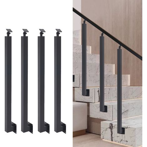 Lot de 4 poteau de balustre d'escalier en acier noir, 8 × 8 × 85 cm, plaque supérieure inclinable jusqu'à 43°, base carrés renforcée, pour terrasse, balcon et entrée (1/5)