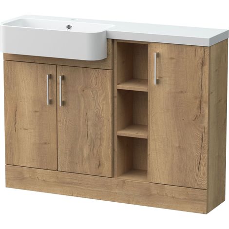 Wichnor Floor Standing Compact 3 Door Combination Vanity Basin Unit with Open Shelves and Basin, 1100mm, Left Hand, Autumn Oak
