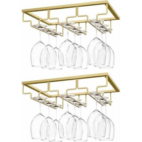 Soporte para copas de vino colgante, [2 unidades] soporte para copas de vino con 3 rieles para debajo del estante, armario para copas, suspensión en cromo, barra de cocina - oro (1/5)