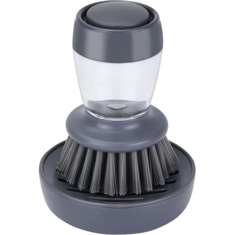 Spazzola per piatti con dispenser di sapone. Spazzola da cucina per pulire piatti, pentole, padelle e lavello. Spazzola per piatti con supporto (manico grigio e setole in nylon) - Crezuo