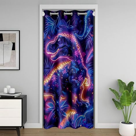 Dinosaure 86x203 Rideau de Porte Vie Privée,Animaux Rideau Occultant,Dessin Animé Dinosaure Mignon Animaux Plantes Monde Imprimé Rideau Porte,Plantes Anciennes Néon Rideaux de Séparation de Chambre - (1/5)