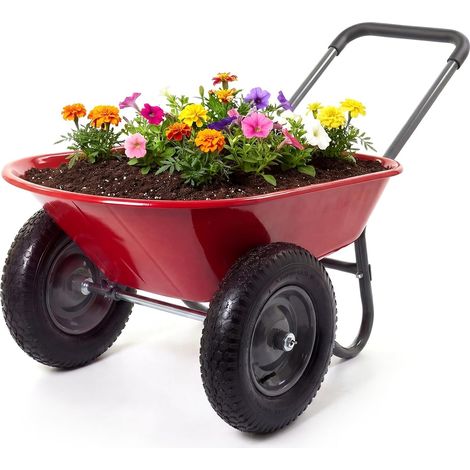 Brouette jardin 2 roues bac plastique rouge, chariot utilitaire pour transporter terre, plantes, outils et déchets verts (1/5)