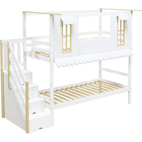 Litera infantil 90 x 200 cm con escalera de almacenaje, pino y MDF, blanco natural (1/5)