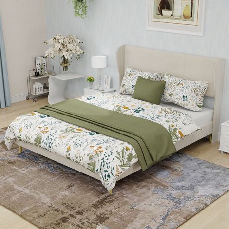 Lit cadre 140x200 cm beige avec tête de lit rembourrée, sommier inclus, structure moderne en tissu et métal, sans rangement ni matelas (1/5)