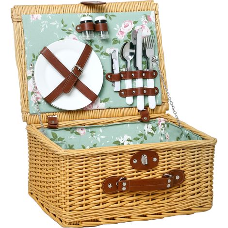 Panier de pique-nique en osier pour deux personnes avec assiettes, verres, tire-bouchon et couverts. 40 x 30 x 20 cm. Marron.
