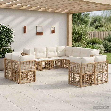 Salon de jardin d’angle modulable en poly rotin avec coussins, blanc naturel et crème, 11 places - PANGIVO (1/5)