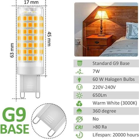 Ampoule LED G9 7W, Blanc Chaud 3000K, 650LM, Économie d'Énergie Équivalente à une Lumière Halogène de 60W, Angle de 360 Degrés, AC220240V Pack de 6 (1/3)