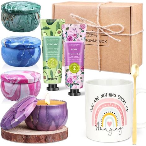 Coffret Cadeau Femme, Coffret de bougies parfumées, Cadeaux de Noël pour femmes, Cadeaux de remerciement, Contient 4 Bougies, Bougeoir, Tasse à Café et Cuillère, 2 Crèmes pour Les Mains (1/5)